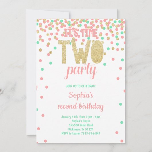 Invitation Fille 2 Anniversaire DEUX FÊTES Confetti rose Turq (Devant)