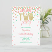 Invitation Fille 2 Anniversaire DEUX FÊTES Confetti rose Turq (Debout devant)