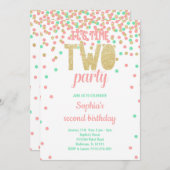 Invitation Fille 2 Anniversaire DEUX FÊTES Confetti rose Turq (Devant / Derrière)