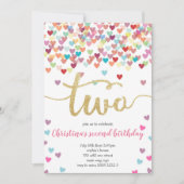 Invitation Fille 2e Anniversaire Coeurs Confetti Rainbow Part (Devant)