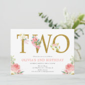 Invitation Fille 2e anniversaire rose et or floral (Debout devant)