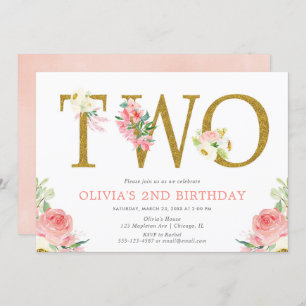 Invitation Fille 2e anniversaire rose et or floral