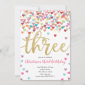 Invitation Fille 3e anniversaire Coeurs Confetti Parties scin (Devant)