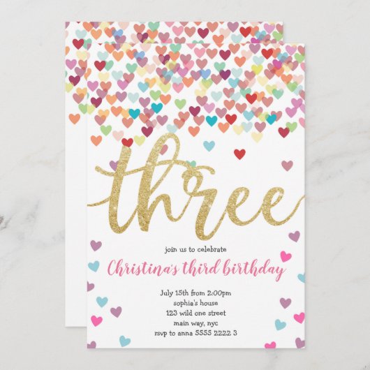 Invitation Fille 3e anniversaire Coeurs Confetti Parties scin (Devant / Derrière)