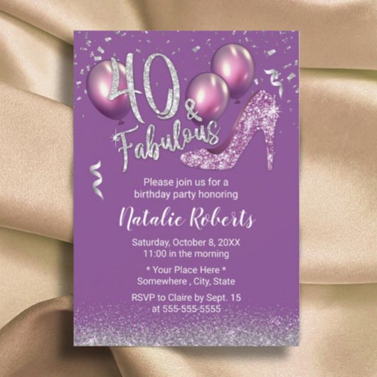 Invitation Fille 40e anniversaire moderne violet Fabuleux 40