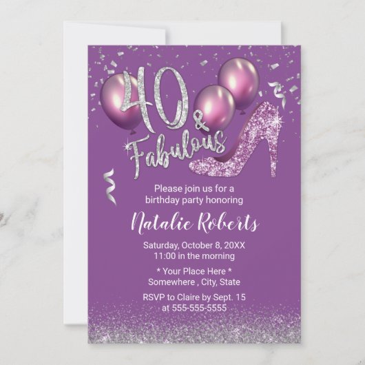 Invitation Fille 40e anniversaire moderne violet Fabuleux 40 (Devant)
