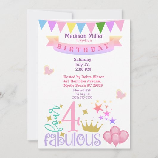 Invitation Fille 4 et fête d'anniversaire fabuleuse (Devant)