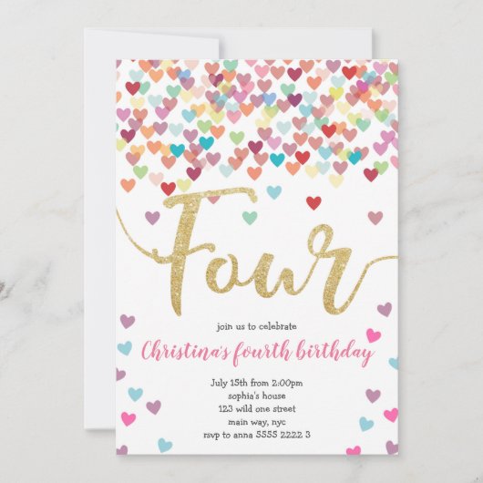 Invitation Fille 4e Anniversaire Coeurs Confetti Rainbow Part (Devant)