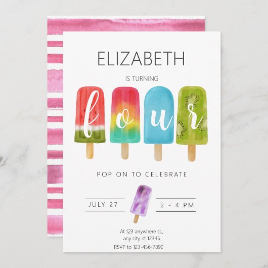 Invitation Fille 4e anniversaire Popsicle Summer Party (Devant / Derrière)