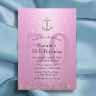 Invitation Fille 50e anniversaire fête Ancre rose et argent