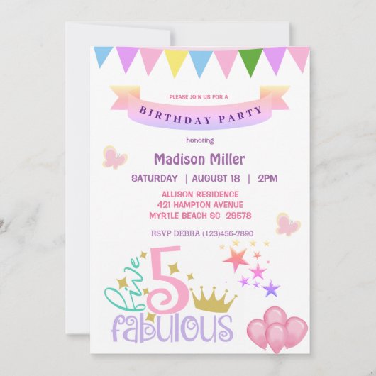 Invitation Fille 5 et fête d'anniversaire fabuleuse (Devant)