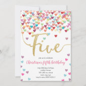 Invitation Fille 5e Anniversaire Coeurs Confetti Rainbow Part (Devant)