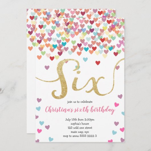 Invitation Fille 6e Anniversaire Coeurs Confetti Rainbow Part (Devant / Derrière)