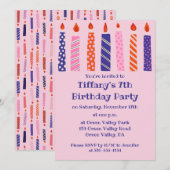 Invitation Fille 7 Anniversaire 7 Pink, Purple Candles Party (Devant / Derrière)