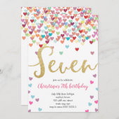 Invitation Fille 7e Anniversaire Coeurs Confetti Rainbow Part (Devant / Derrière)