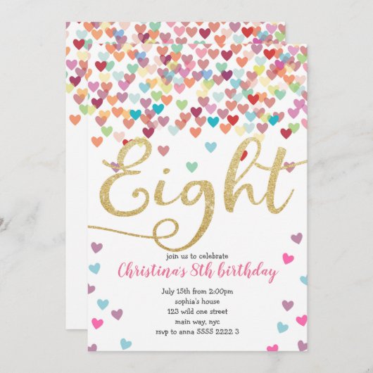 Invitation Fille 8e anniversaire Coeurs Confetti Parties scin (Devant / Derrière)