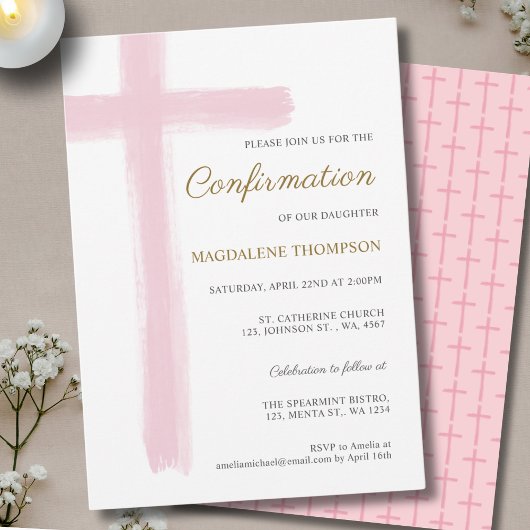 Invitation Fille à la Croix Rose de Confirmation Simple