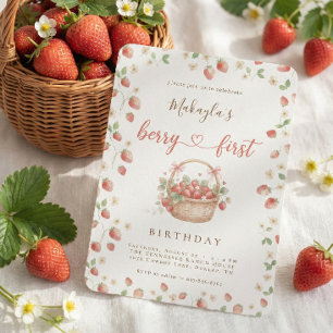 Invitation Fille à la fraise pour le premier anniversaire aqu