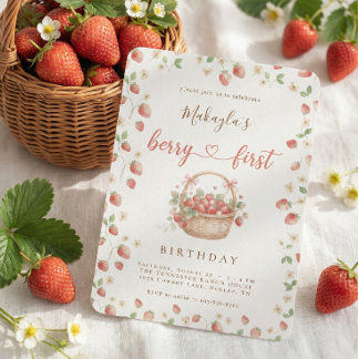 Invitation Fille à la fraise pour le premier anniversaire aqu