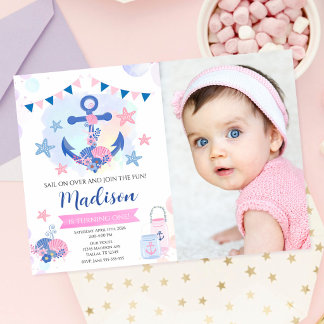 Invitation Fille à l'ancre de la marine rose nautique pour 1e