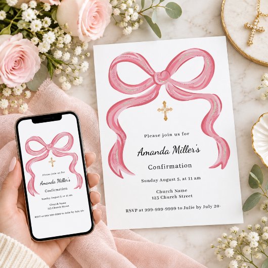 Invitation Fille à l'arc rose Confirmation