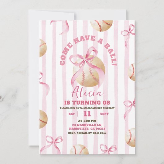 Invitation Fille à Nœud Rose Anniversaire de Baseball (Devant)