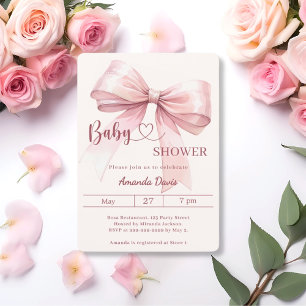 Invitation Fille à ruban rose Baby Shower beige crème