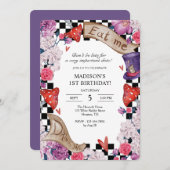 Invitation Fille Alice au pays des merveilles fête d'annivers (Devant / Derrière)