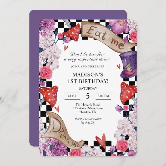 Invitation Fille Alice au pays des merveilles fête d'annivers (Devant / Derrière)