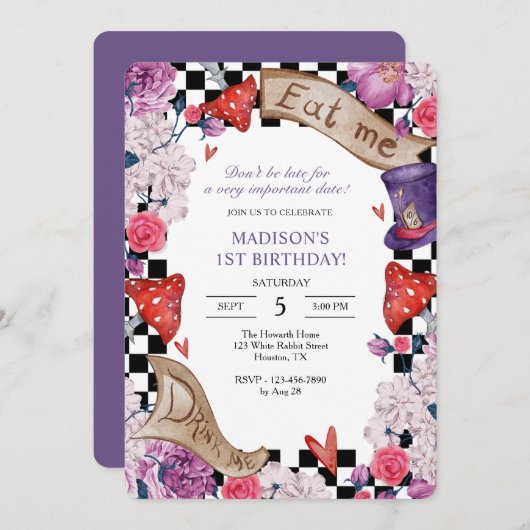 Invitation Fille Alice au pays des merveilles fête d'annivers (Devant / Derrière)