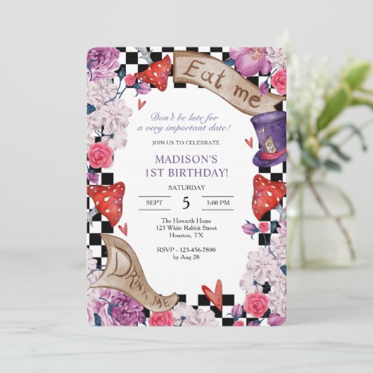 Invitation Fille Alice au pays des merveilles fête d'annivers (Debout devant)