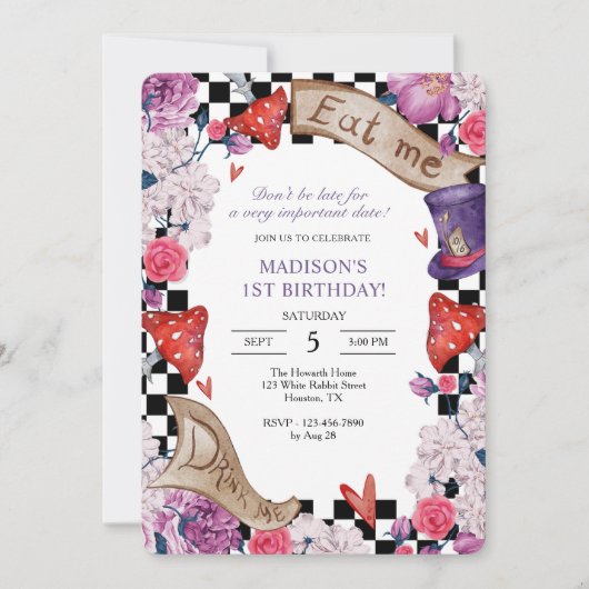 Invitation Fille Alice au pays des merveilles fête d'annivers (Devant)