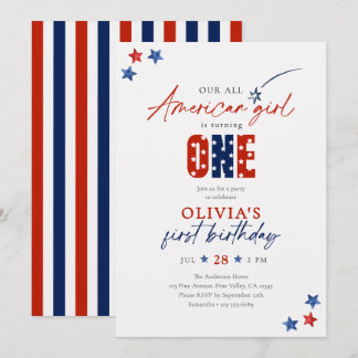 Invitation Fille Américaine Tout en Rouge, Blanc et Bleu pour