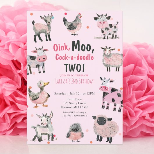 Invitation Fille Animal de ferme Deuxième anniversaire