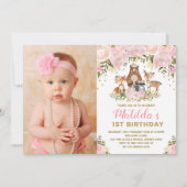 Invitation Fille Animaux Bois 1er Anniversaire Rose Floral (Devant)
