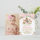 Invitation Fille Animaux Bois 1er Anniversaire Rose Floral (Debout devant)