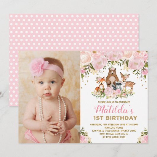 Invitation Fille Animaux Bois 1er Anniversaire Rose Floral (Devant / Derrière)