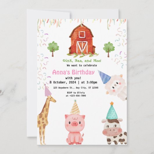 Invitation Fille Animaux de Ferme Gingham Fête d'Anniversaire (Devant)