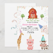 Invitation Fille Animaux de Ferme Gingham Fête d'Anniversaire (Devant / Derrière)
