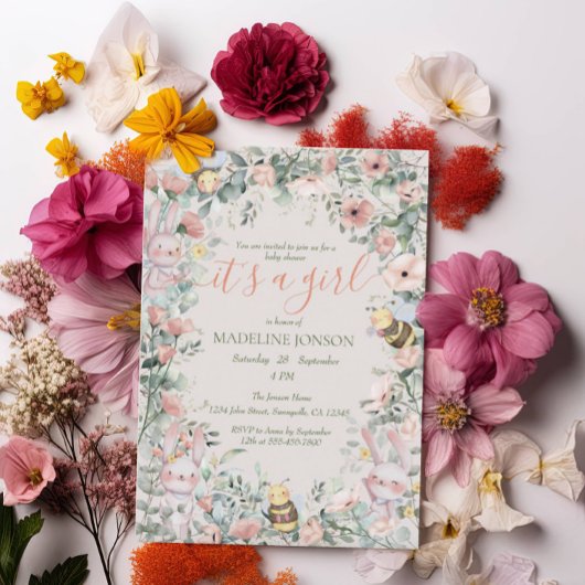 Invitation Fille animaux de forêt rose Floral Baby shower QRc