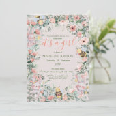 Invitation Fille animaux de forêt rose Floral Baby shower QRc (Debout devant)