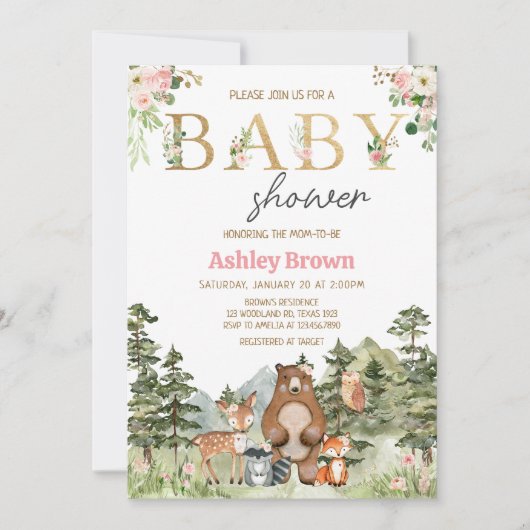 Invitation Fille Animaux de la Forêt Fleurie Bébé (Devant)