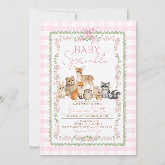 Invitation Fille Animaux de la Forêt Sprinkle | Gingham Rose (Devant)