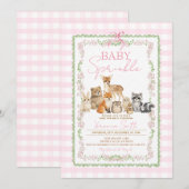 Invitation Fille Animaux de la Forêt Sprinkle | Gingham Rose (Devant / Derrière)