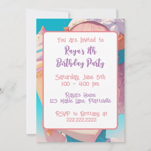 Invitation Fille Anime avec Cupcake fête d'anniversaire (Dos)