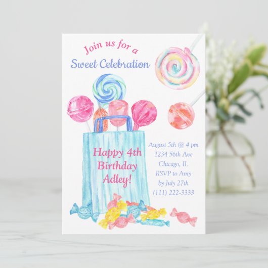 Invitation Fille Anniversaire Aquarelle Candy Sweet Anniversa (Debout devant)