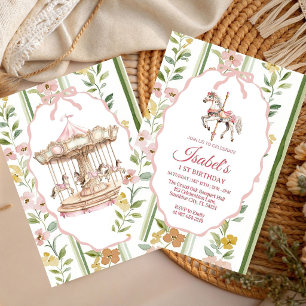 Invitation Fille anniversaire aquarelle carrousel floral past