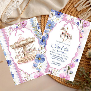 Invitation Fille anniversaire aquarelle carrousel floral past
