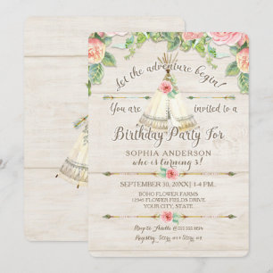 Invitation Fille Anniversaire Aventure BOHO Teepee Arrow Wood