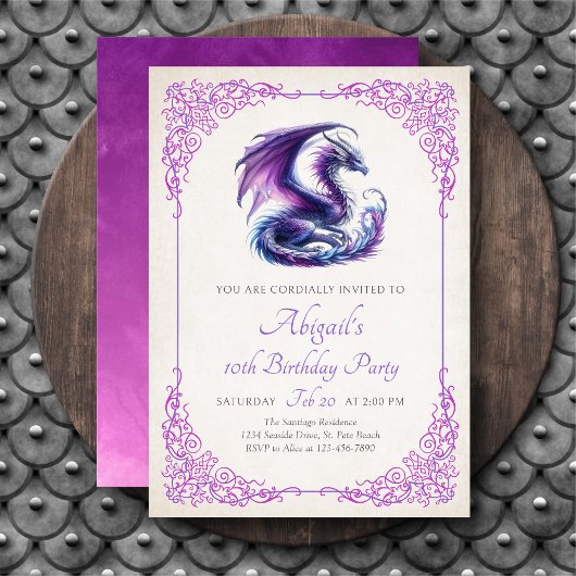 Invitation Fille anniversaire fantasy dragon violet rose